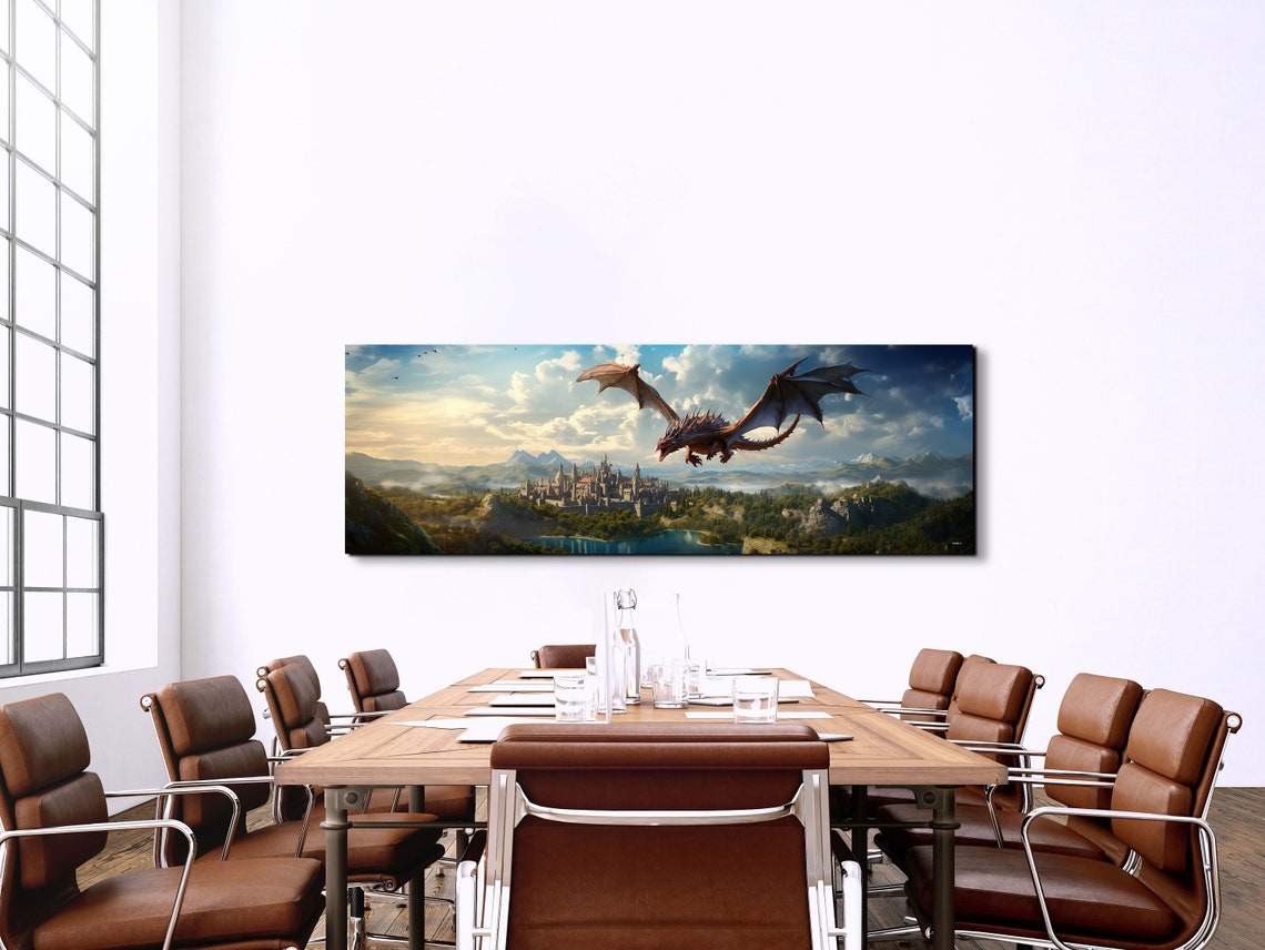 Dragon Flying Over Fantasy Castle Kingdom Panoramic Art Poster - Image 3