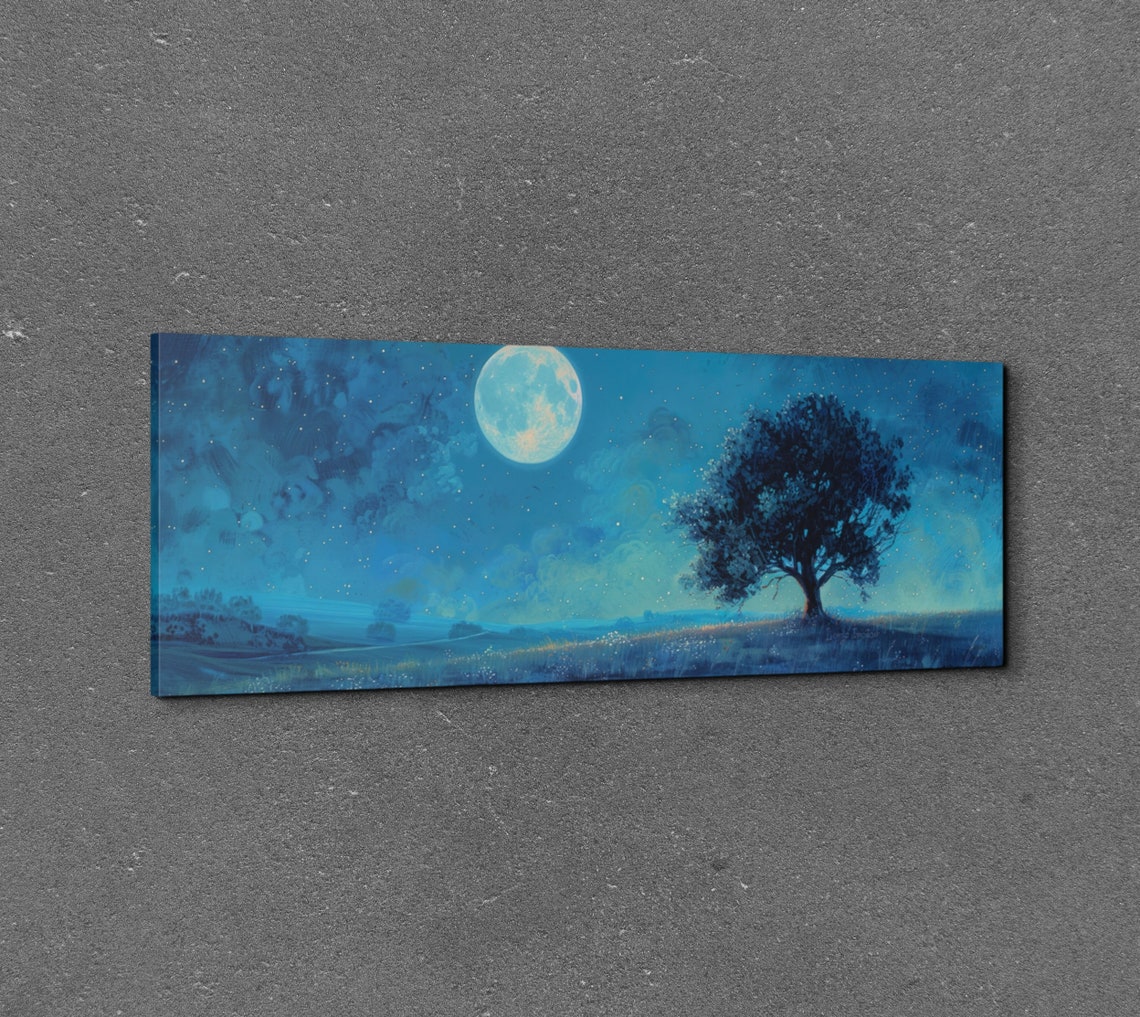 Full Moon Over Lone Tree Starry Night Panoramic Landscape Poster - Image 3