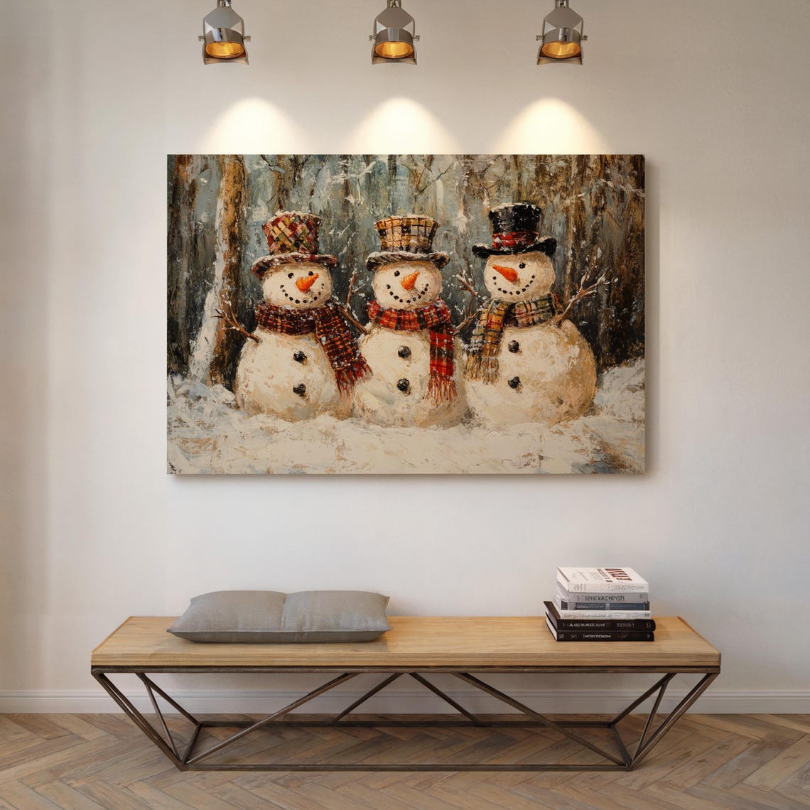 Snowman Trio With Top Hats And Plaid Scarves Winter Wall Art - Image 5