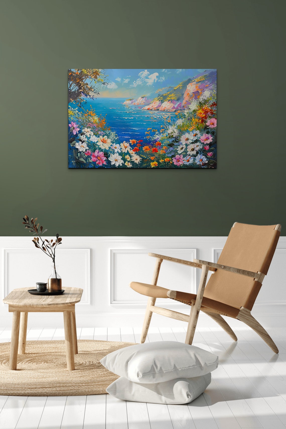 Wildflowers Above Blue Ocean Coastal Impressionist Art Poster - Image 7