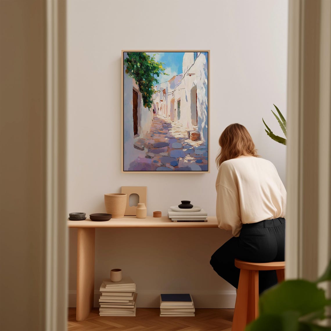 Sunny Greek Island Alleyway Impressionist Mediterranean Street Poster - Image 2