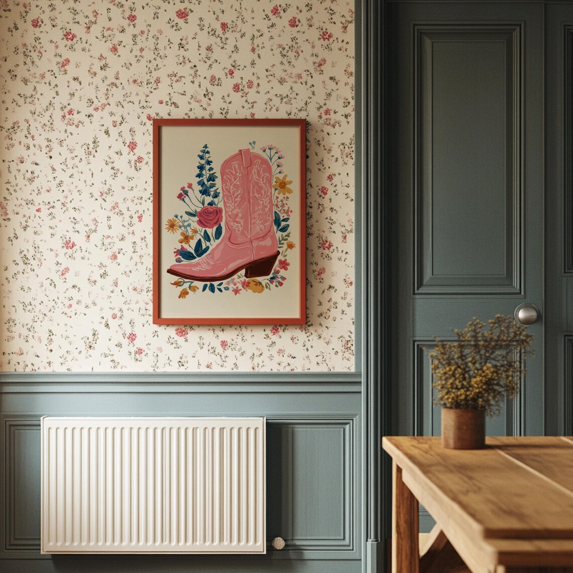 Pink Cowboy Boot With Wildflowers Rustic Floral Western Art Poster