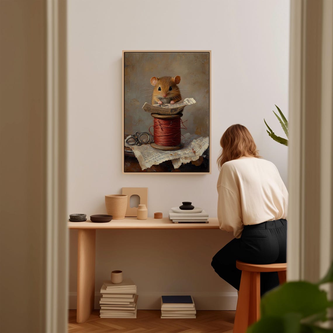 Cute Mouse With Newspaper On Thread Spool Vintage Oil Painting Poster - Image 3