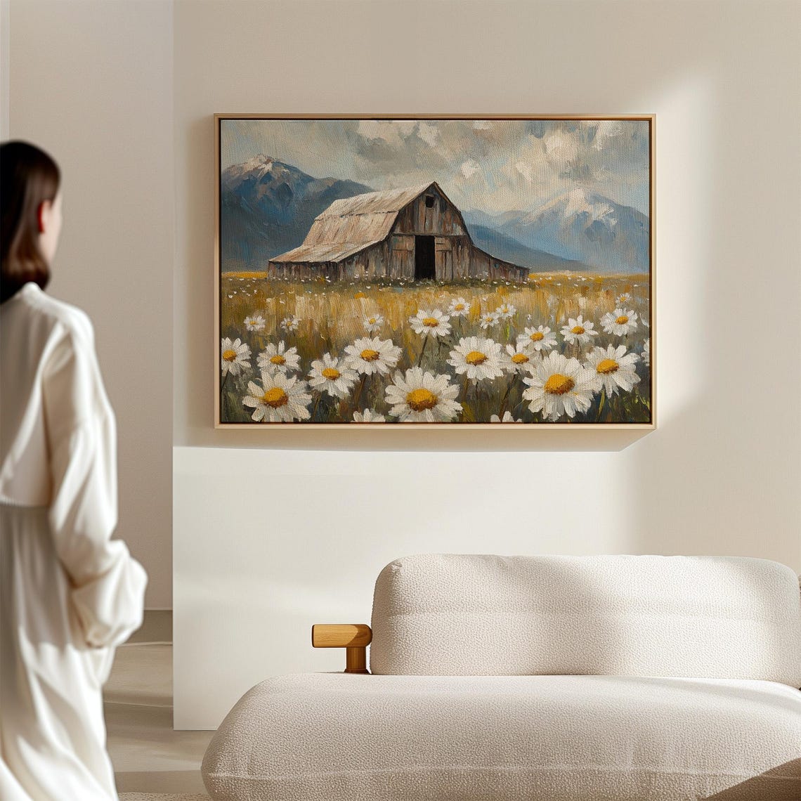 Rustic Old Barn In Daisy Field With Distant Mountains Wall Art - Image 7