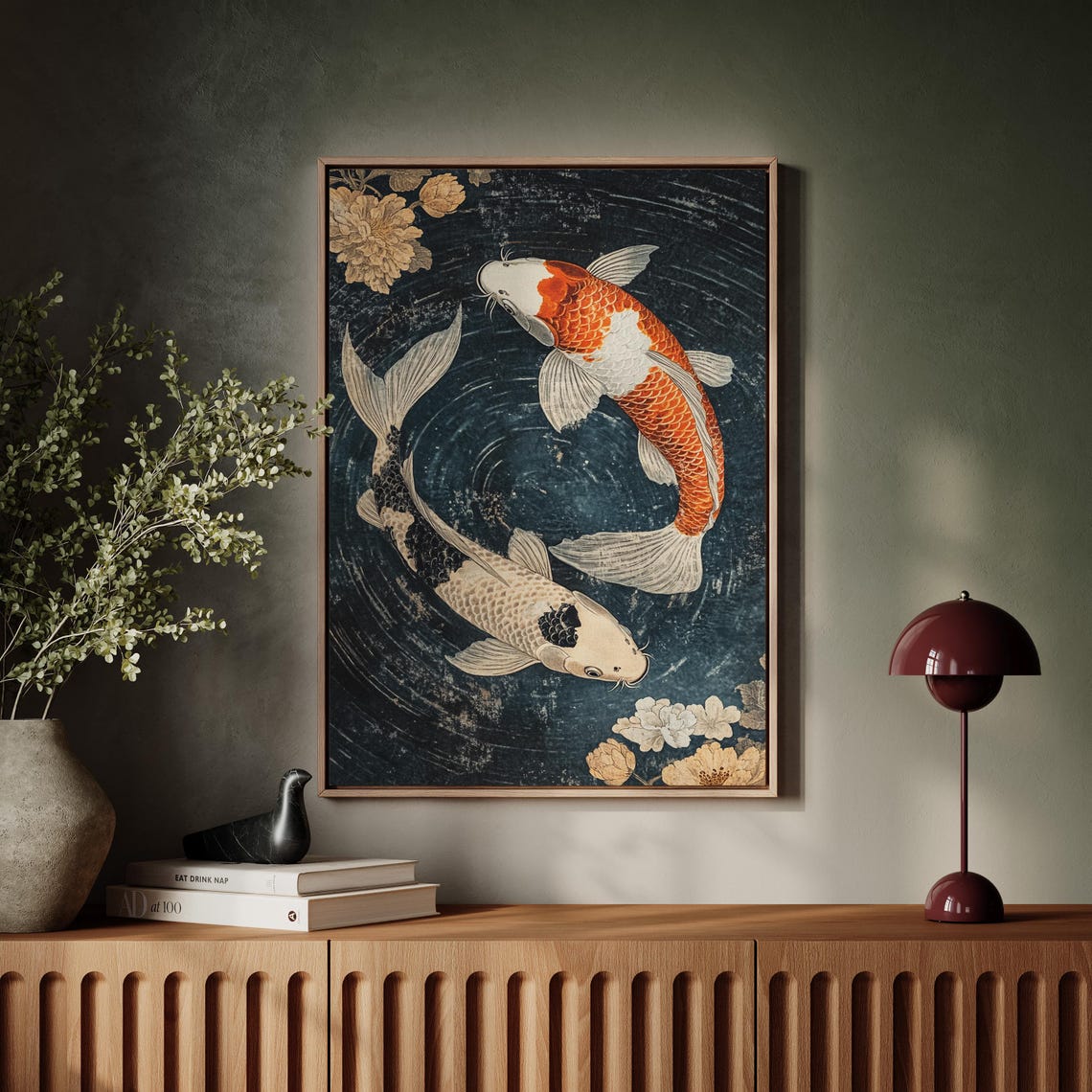 Yin Yang Koi Fish Pair Circling Dark Water With Blossom Flowers Poster - Image 7