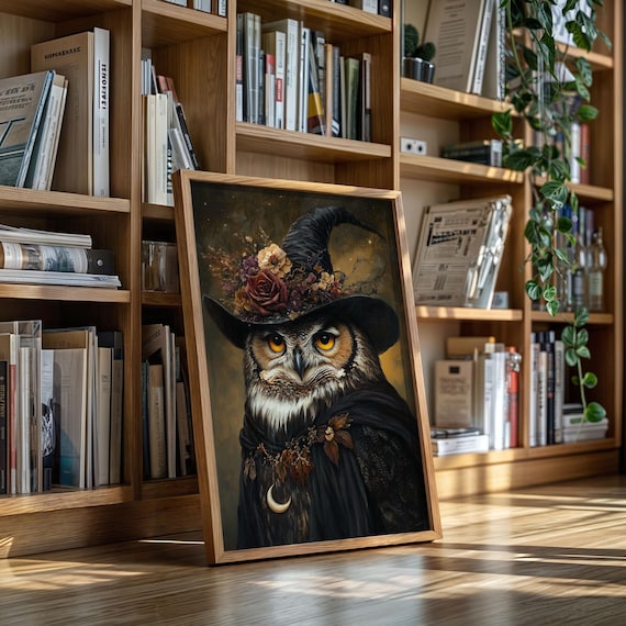 Witch Owl In Floral Hat And Cloak Halloween Animal Portrait Poster
