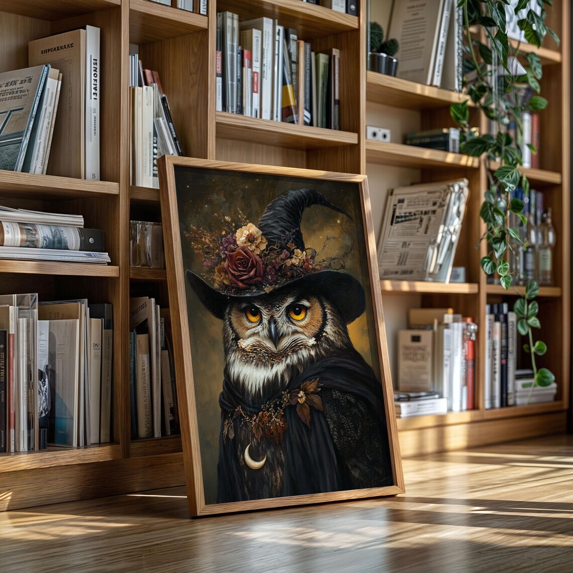 Witch Owl In Floral Hat And Cloak Halloween Animal Portrait Poster