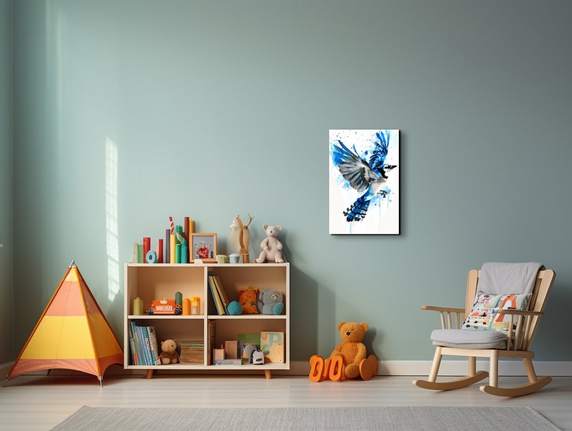Blue Jay Soaring With Wings Spread Watercolor Paint Splatter Poster - Image 7