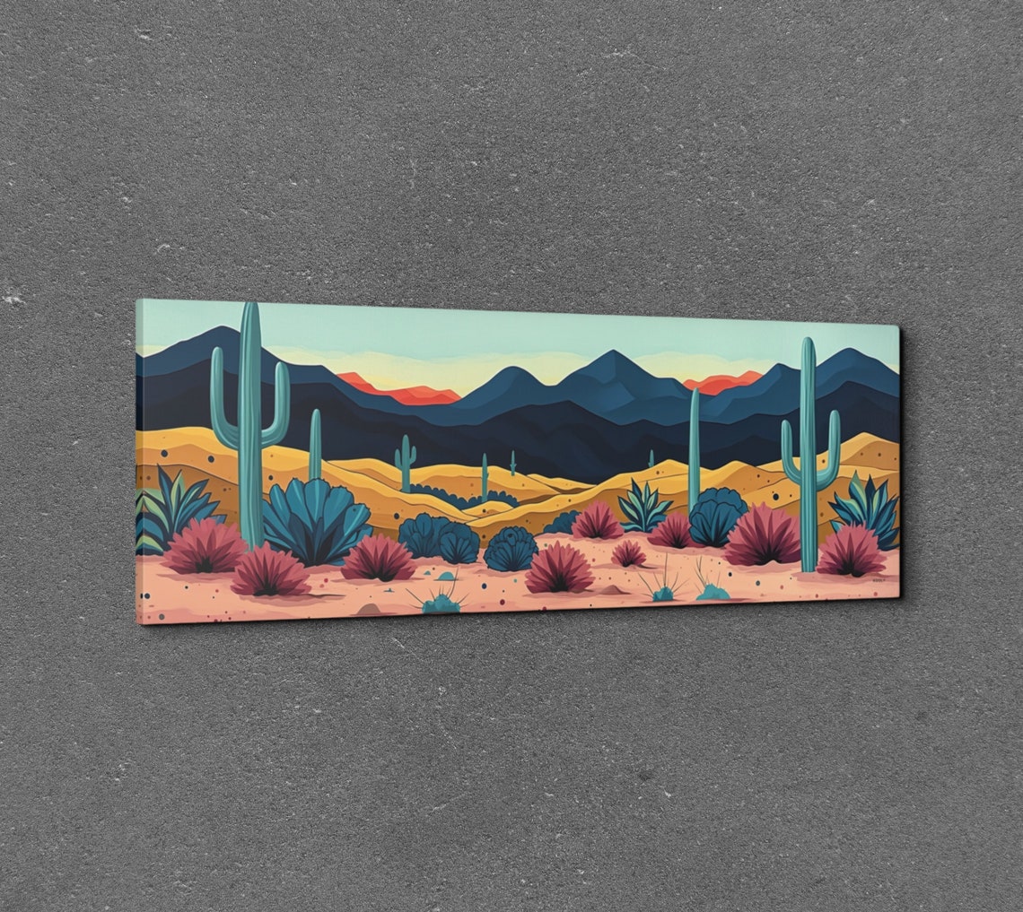 Panoramic Desert Cactus Colorful Pink Blue Modern Decor Wall Art - Image 3