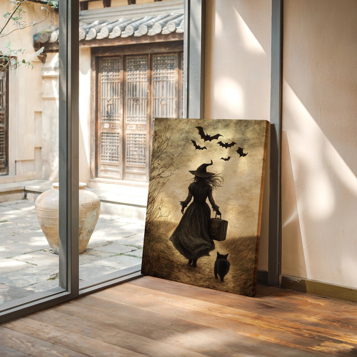 Witch Walking With Black Cat Bats Vintage Spooky Gothic Halloween Poster - Image 4