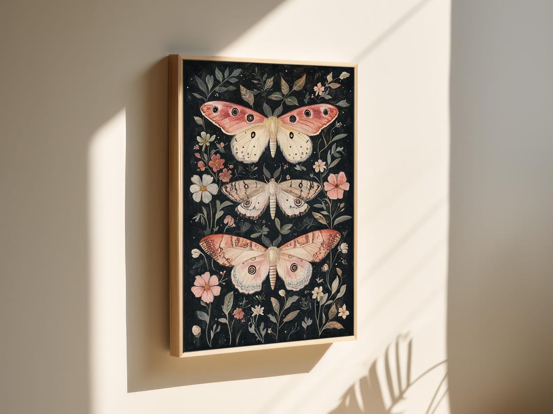 Delicate Pink Moths And Wildflowers Wall Art For Botanical And Nature Inspired Home Decor - Image 3