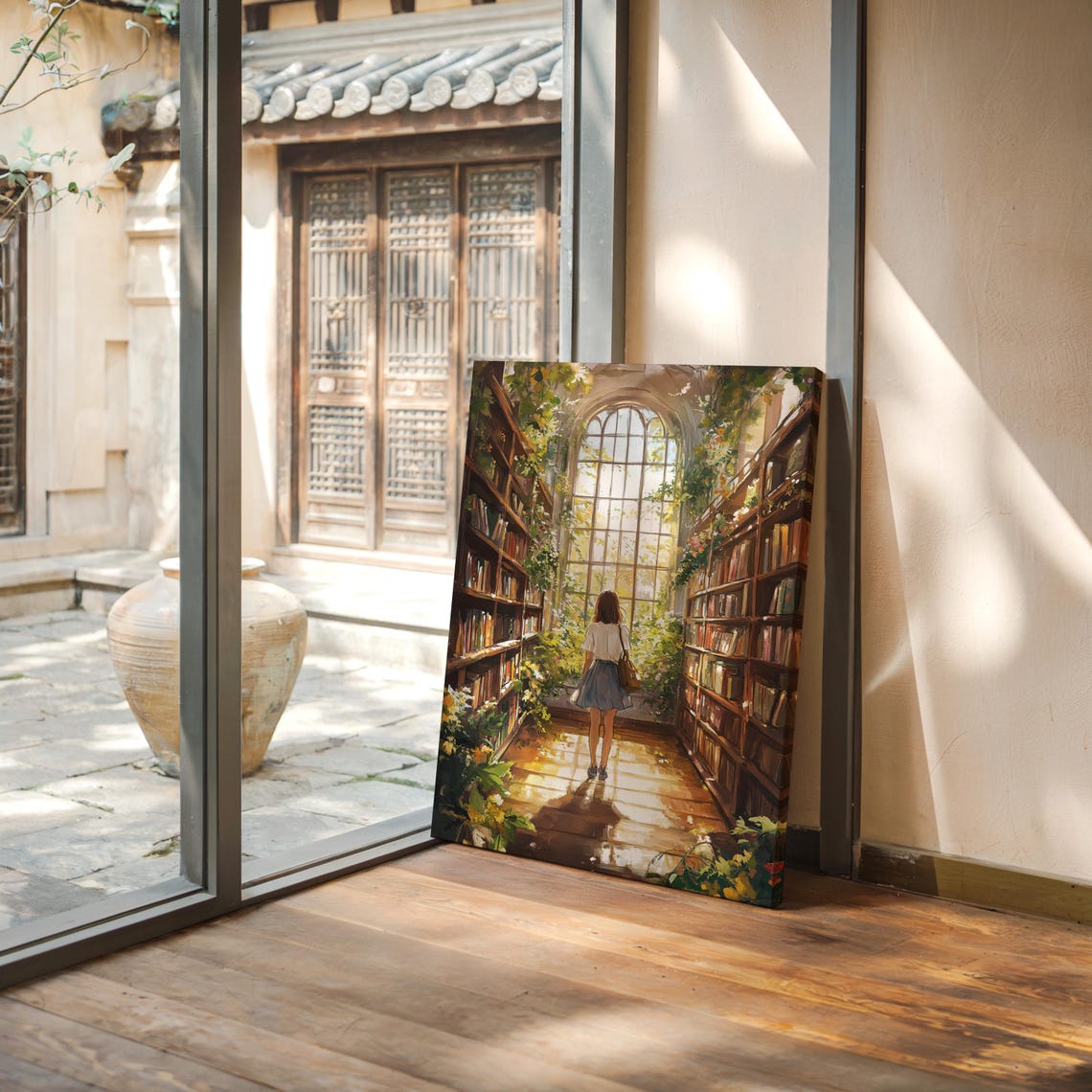 Woman Walking Toward Arched Window In Sunlit Botanical Library Poster - Image 4