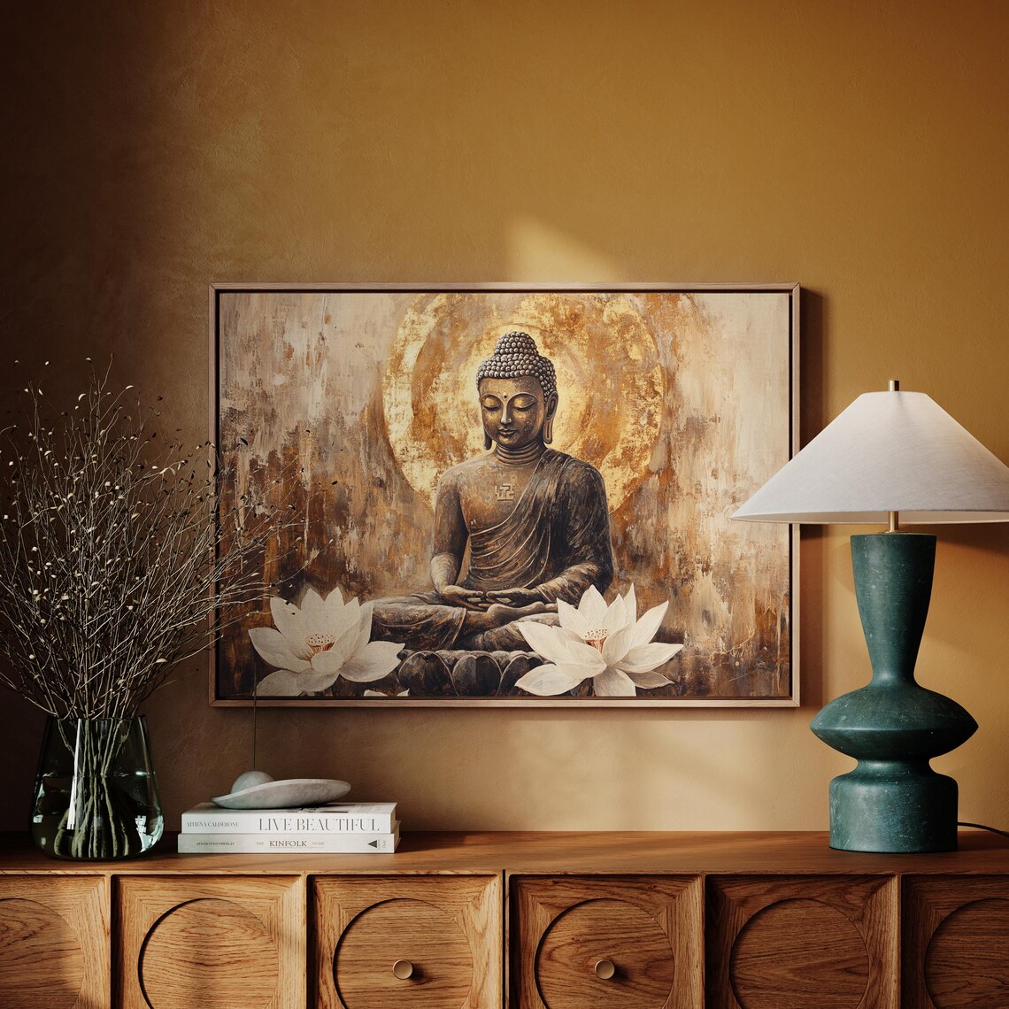 Golden Meditating Buddha With White Lotus Zen Tranquility Poster