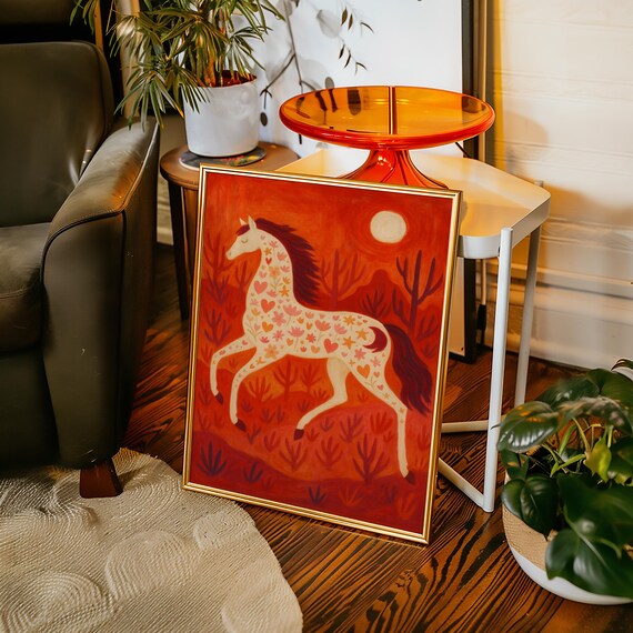 White Folk Art Horse with Floral Pattern Red Landscape Poster