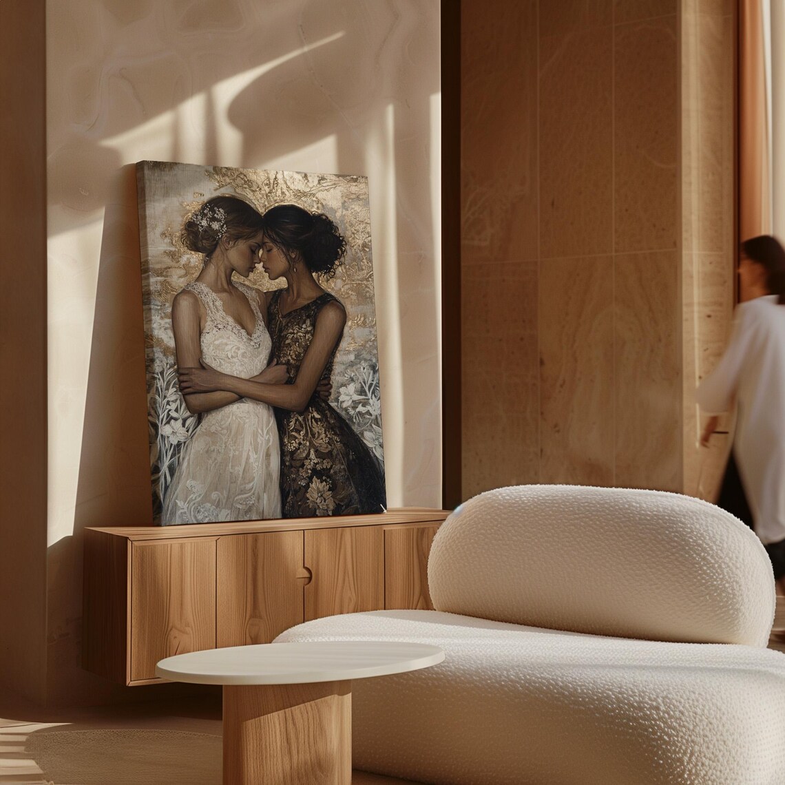 Golden Embrace Two Women Lace Dresses Intimate Elegant Romance Art Poster - Image 4
