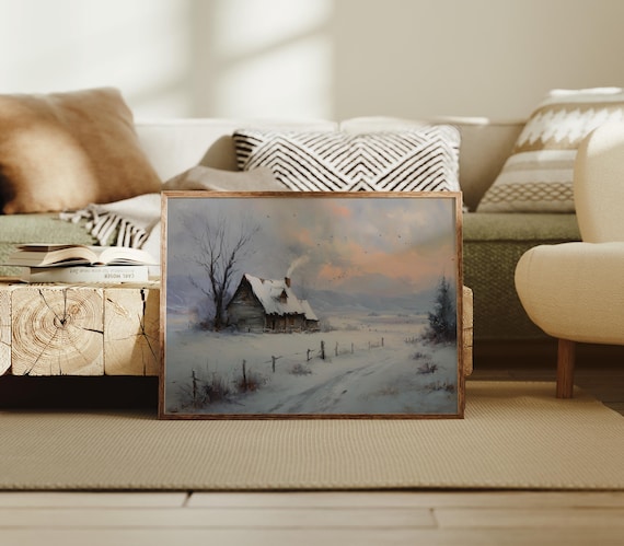 Rustic Winter Cabin Canvas Wall Art Snowy Countryside Sunset Landscape Painting Cozy Farmhouse Lodge Decor Peaceful Seasonal Artwork