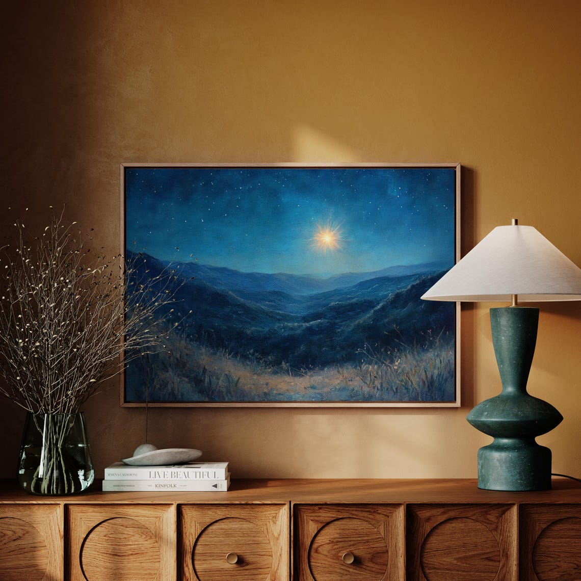 Bright Star Over Moonlit Blue Valleys Serene Night Sky Wall Art
