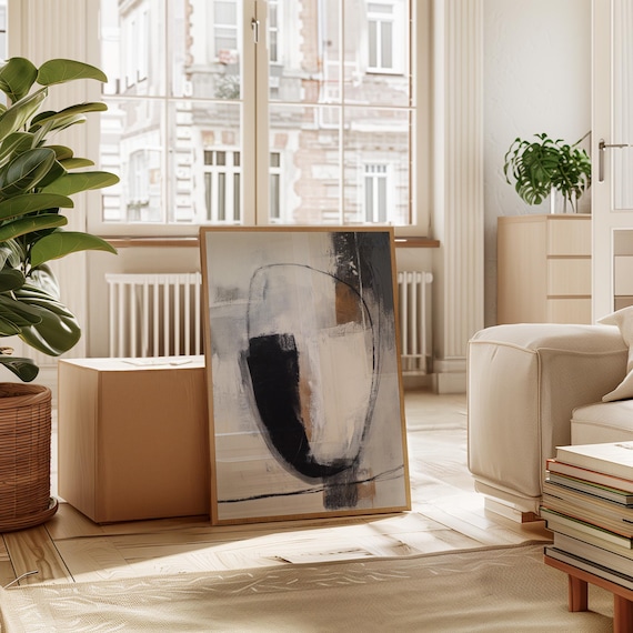 Modern Neutral Abstract Painting With Black And Gold Accents