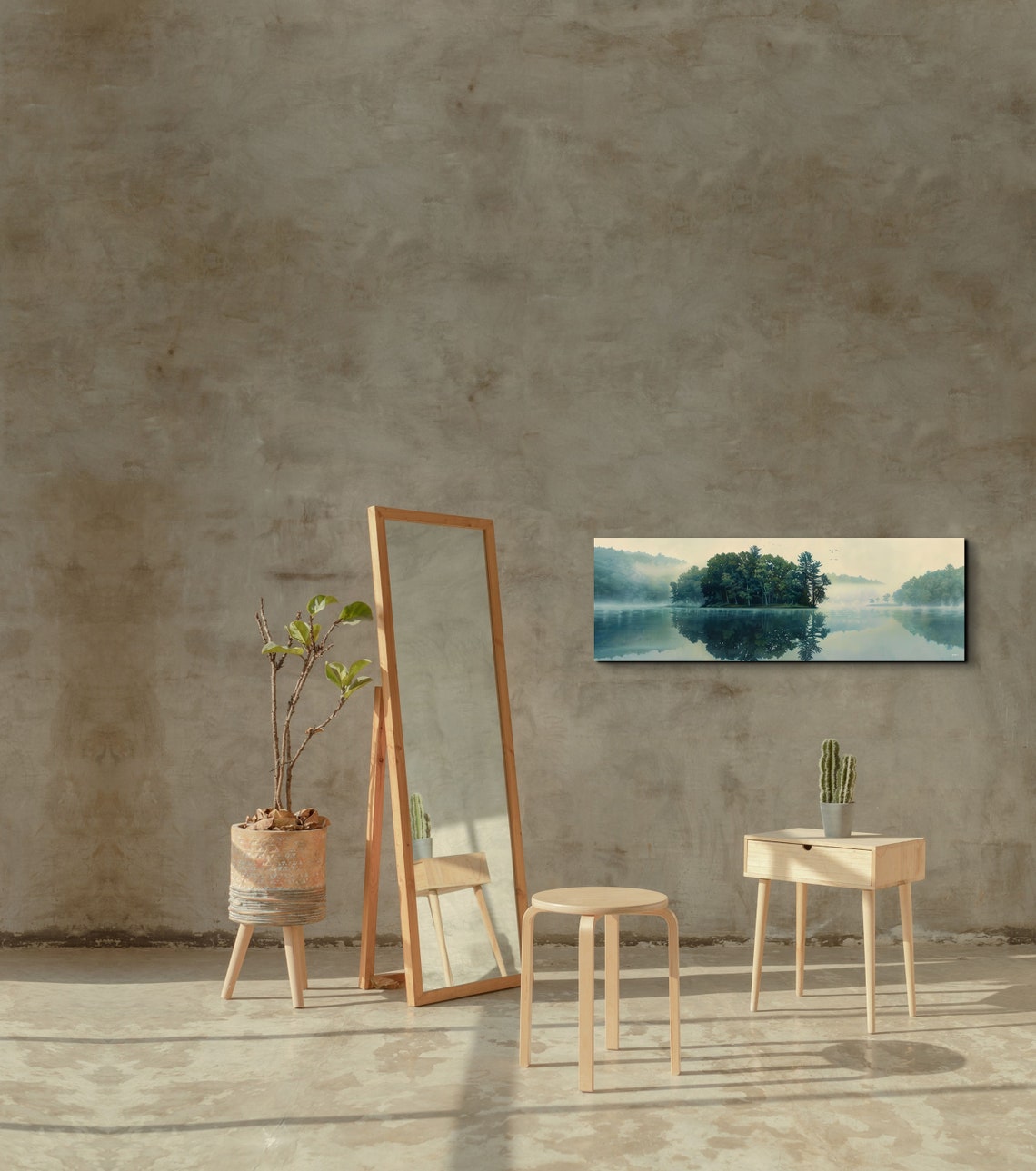 Foggy Lake With Green Island Mirror Reflection Nature Poster - Image 4