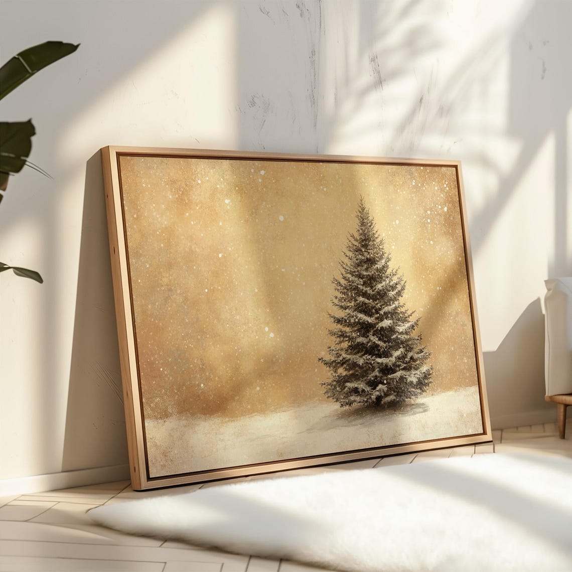 Snowy Pine Tree in Golden Snowfall Winter Christmas Wall Poster