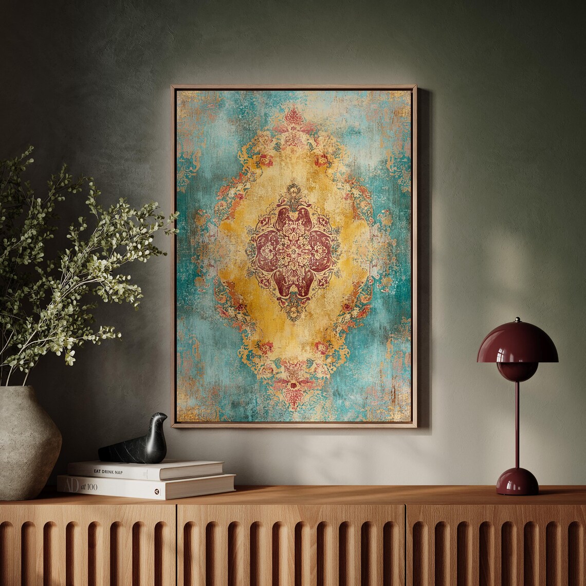 Teal and Mustard Distressed Boho Medallion Mandala Art Poster - Image 5