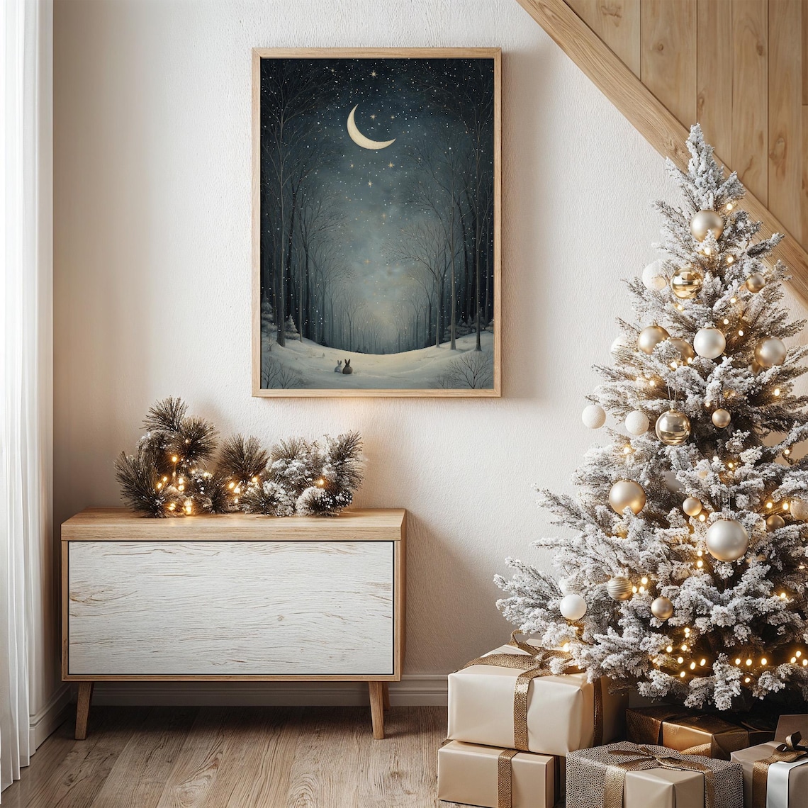 Winter Rabbits Beneath Crescent Moonlit Forest Art Print