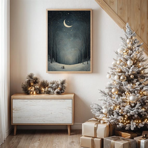 Winter Rabbits Beneath Crescent Moonlit Forest Art Print