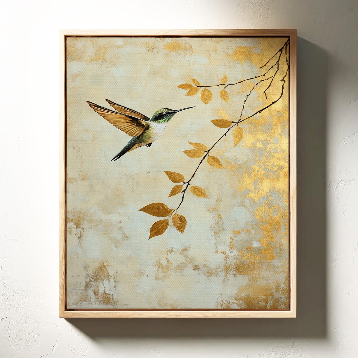 Hummingbird and Gold Leaf Minimalist Nature Art Print - Image 3