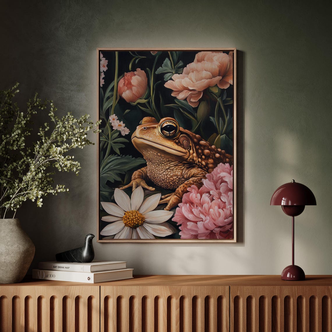 Whimsical Vintage Toad Among Pink Peonies Dark Botanical Poster - Image 7