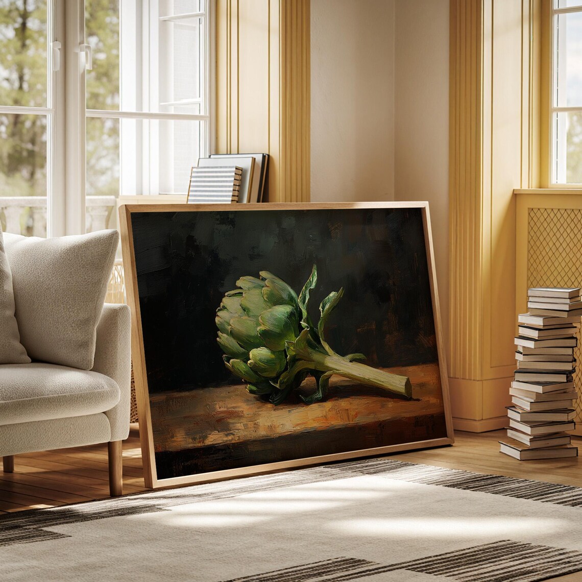 Green Artichoke Still Life Oil Painting on Dark Wood Table Poster - Image 2