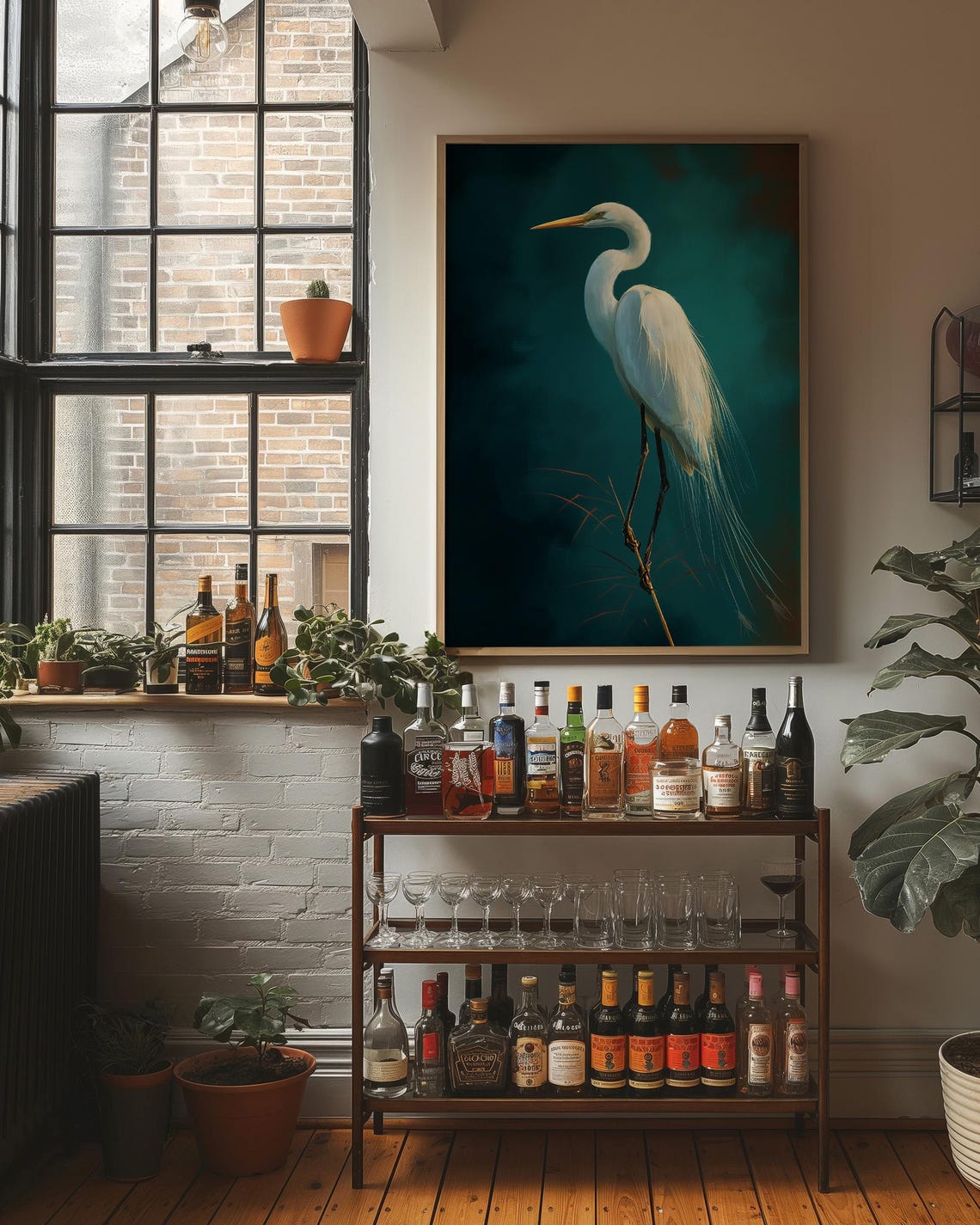 White Heron on Teal Background Elegant Bird Portrait Painting Poster