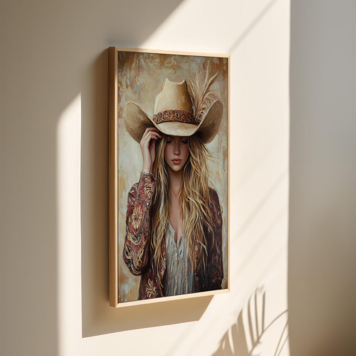 Western Cowgirl Tipping Her Feathered Hat Rustic Portrait Poster - Image 3
