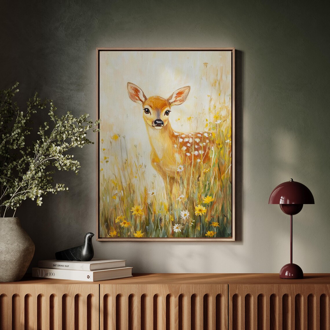 Baby Deer in Wildflower Meadow, Rustic Painting - Image 4