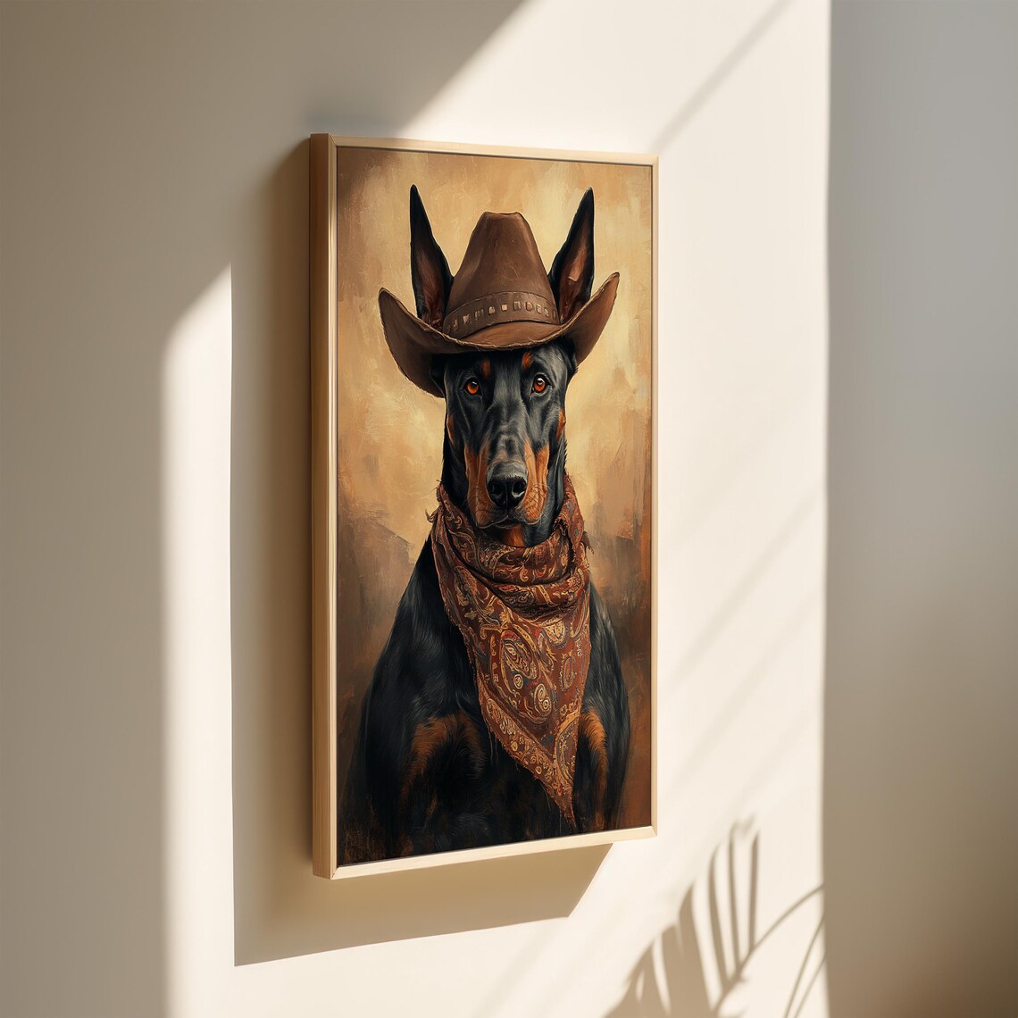 Sleek Doberman Cowboy Hat Bandana Western Dog Portrait Poster - Image 2