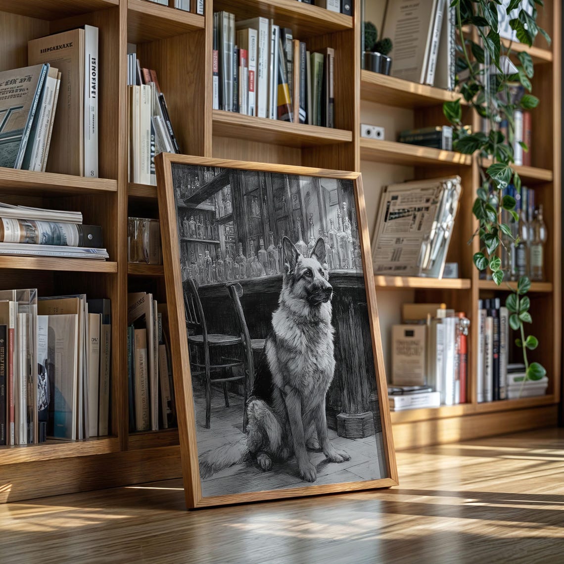 German Shepherd At Vintage Bar Black Charcoal Sketch Dog Art Poster