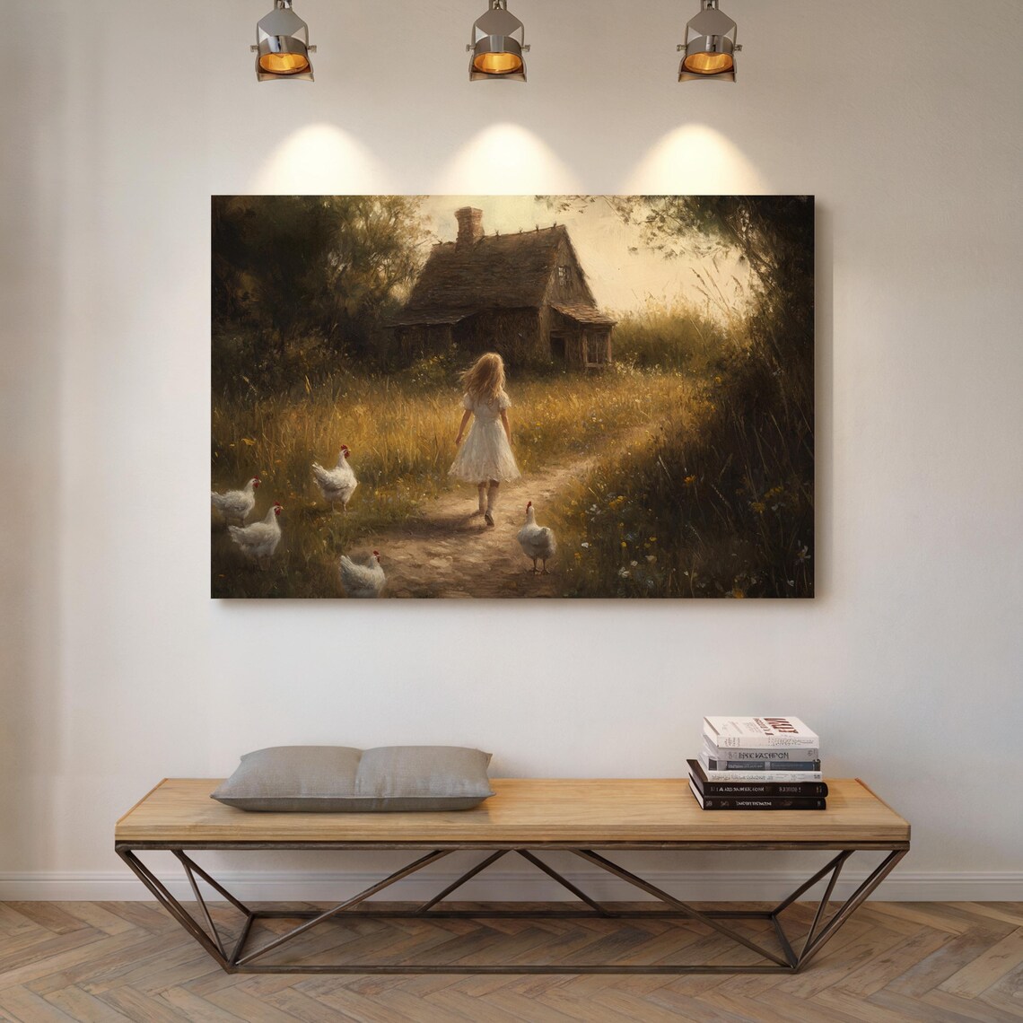 Girl in White Dress Walking with Chickens at Dusk Moody Farm Poster - Image 6