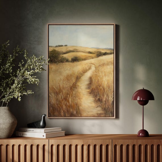 Golden Prairie Path Landscape Canvas Wall Art Rustic Nature Trail Print Warm Country Fields Painting For Cozy Farmhouse Decor