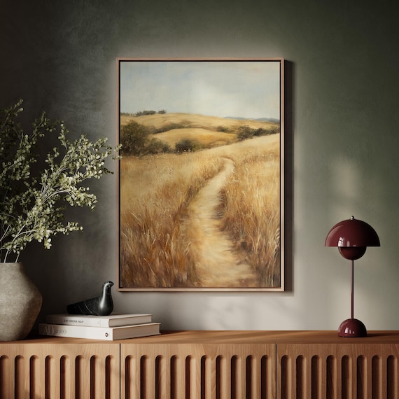 Golden Prairie Path Winding Through Tall Grass Sunlit Hills Rustic Landscape Poster