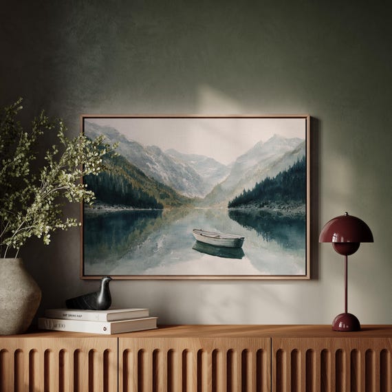 Tranquil Lake Boat Watercolor Wall Art Peaceful Mountain Landscape Canvas Serene Forest Reflections Nature Painting Home Dcor