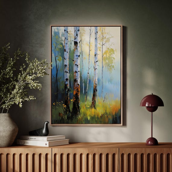 Vibrant Birch Tree Forest Abstract Impressionist Nature Wall Art For Living Room Or Office Modern Landscape Decor
