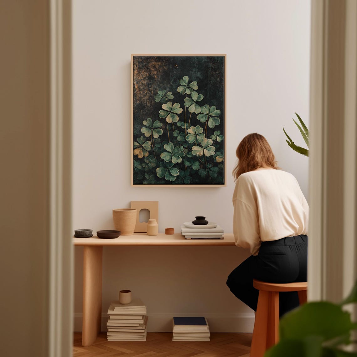 Moody Painterly Clover Blossoms Dark Botanical Canvas Wall Art - Image 5