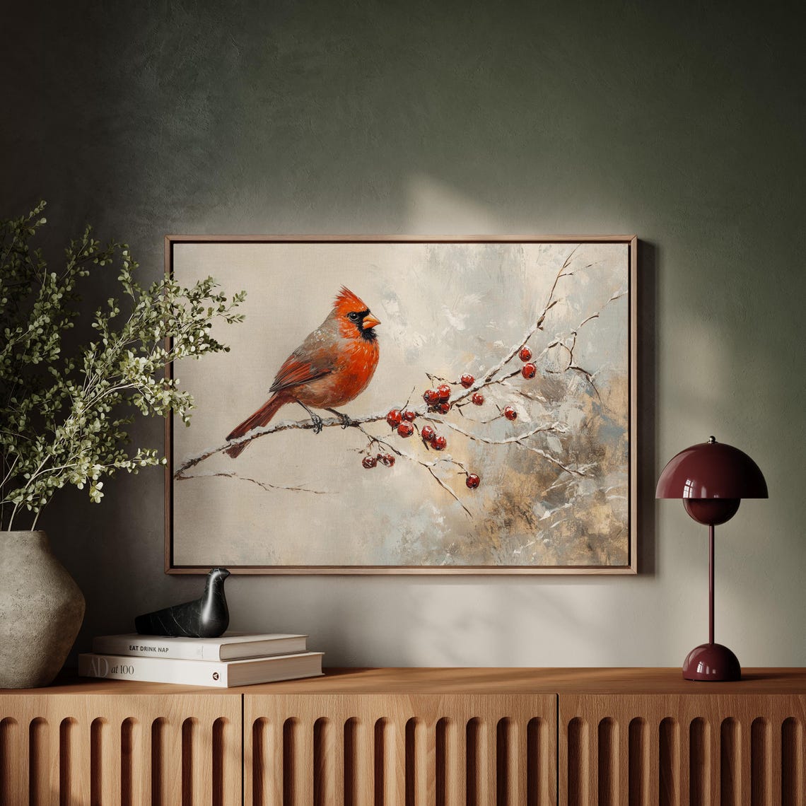 Red Cardinal On Snowy Branch With Winter Berries Nature Poster - Image 4