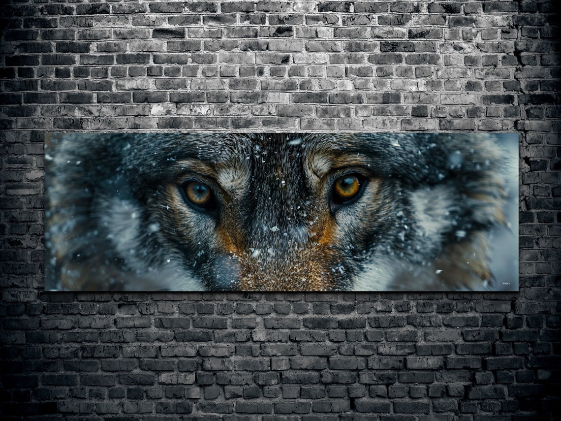 Wolf Face Close Up Amber Eyes Snow Panoramic Wildlife Poster - Image 2
