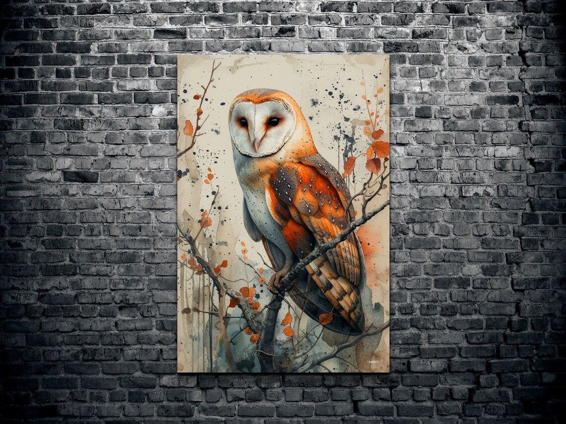 Barn Owl Watchful Gaze Branch Watercolor Woodland Bird Poster - Image 2