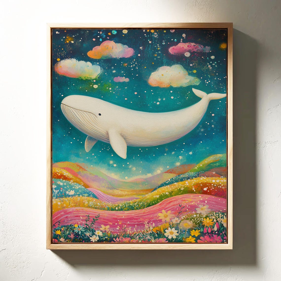 White Whale Soaring Above Rainbow Flower Hills Starry Sky Poster - Image 7