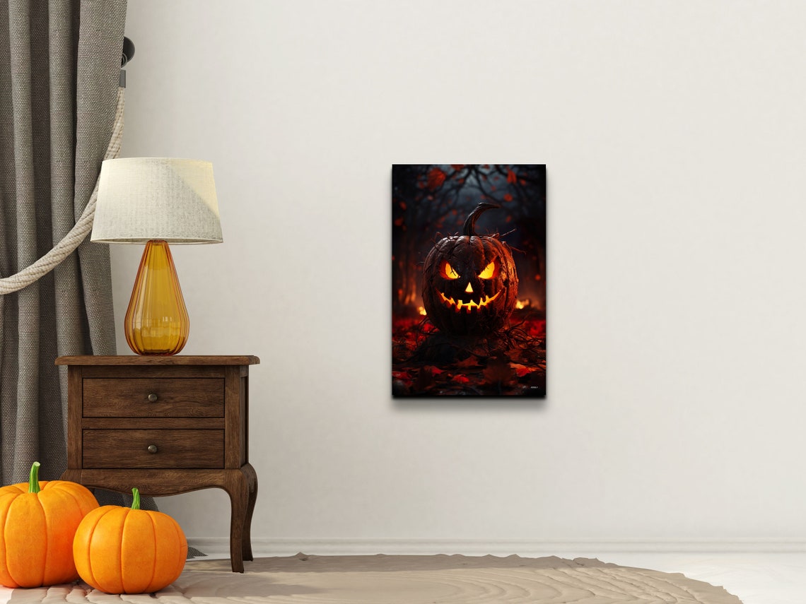 Scary Glowing Jack-O-Lantern Dark Forest Ember Night Art Poster - Image 3