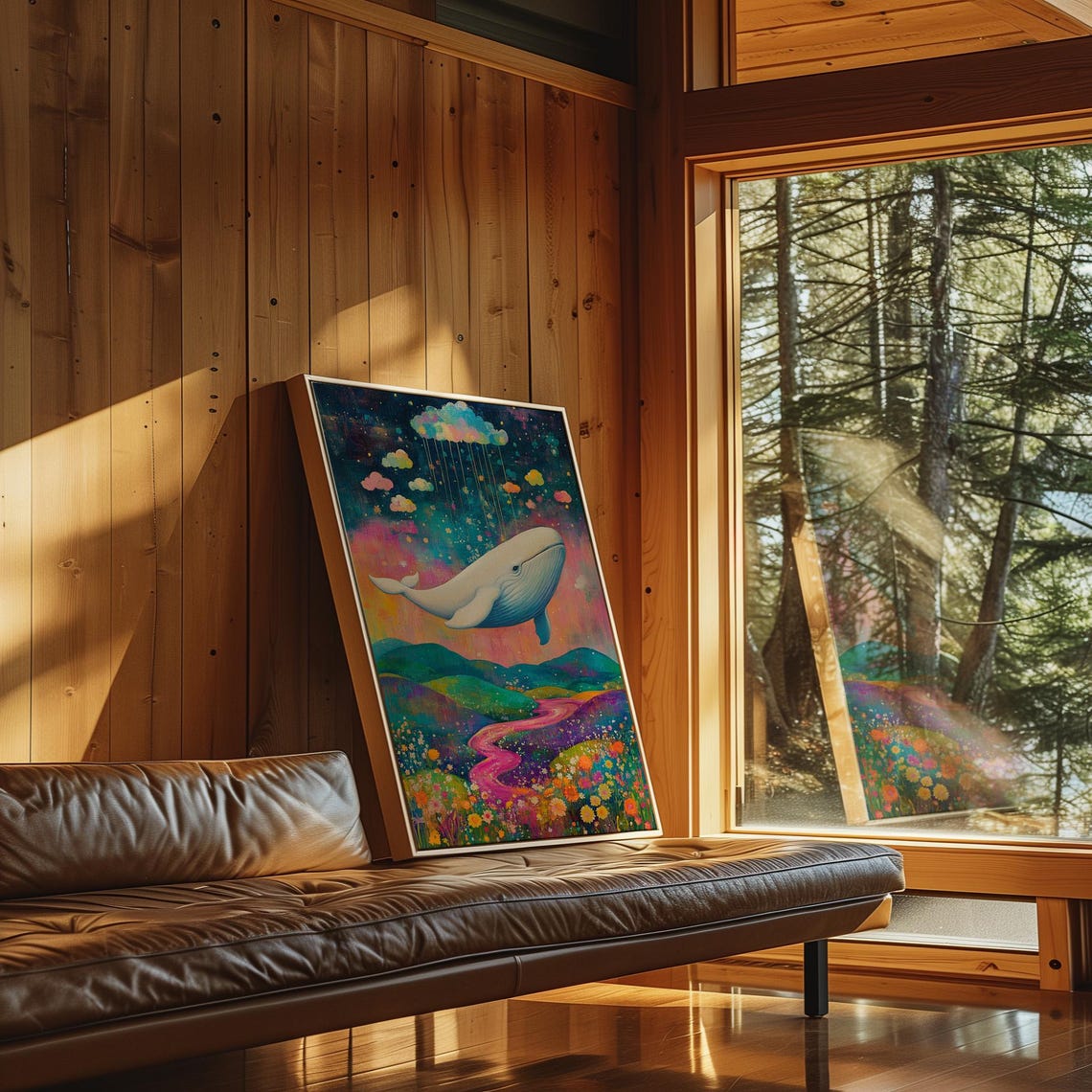 Enchanting White Whale Above Pink Winding River Meadow Poster - Image 6