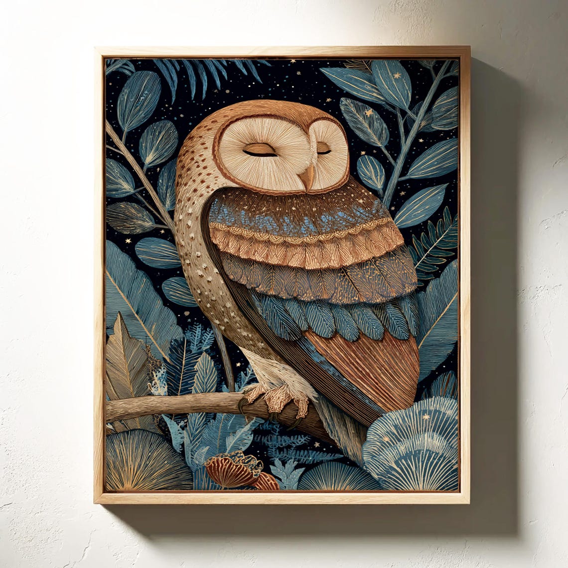Dreamy Sleeping Barn Owl Midnight Botanical Garden Art Print
