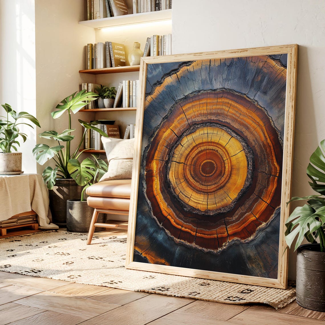 Amber Tree Rings on Blue Gray Wood Grain Rustic Nature Poster