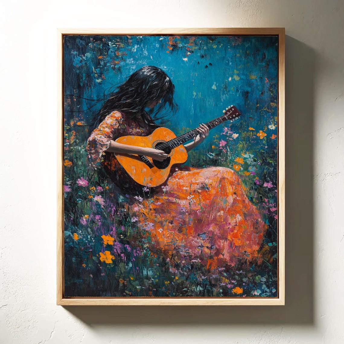 Woman Playing Guitar In Colorful Flower Field Bohemian Oil Painting Wall Art With Textured Brush Strokes And Vibrant Nature Scene - Image 6
